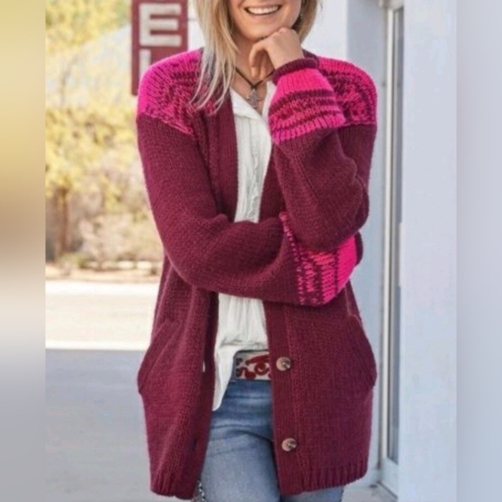 Sundance Maroon and Hot Pink Knit Cardigan
